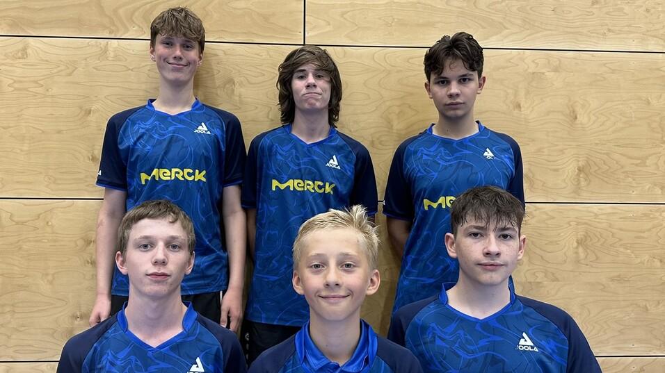 Sechs Jungen in blauen Sporttrikots mit dem Logo &bdquo;Merck&ldquo; posieren vor einer Holzwand.