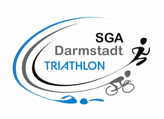 Logo der SGA Darmstadt f&uuml;r Triathlon mit stilisierten Sportlern f&uuml;r Schwimmen, Radfahren und Laufen.