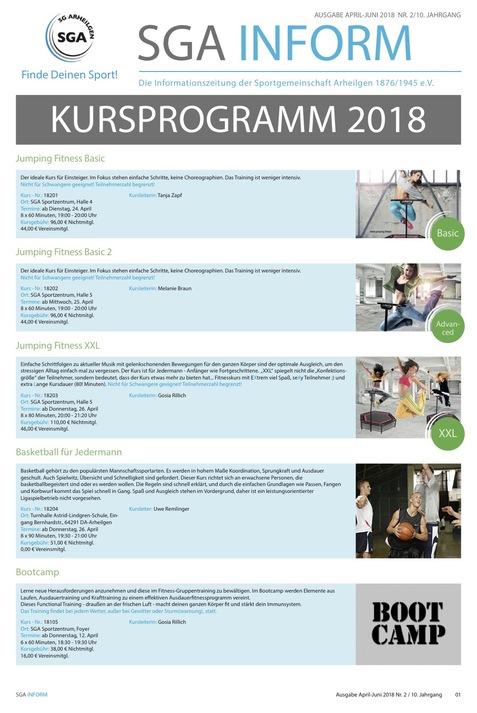 Kursprogramm 2018 der Sportgemeinschaft Arheilgen mit Angeboten für Jumping Fitness, Basketball und Bootcamp.