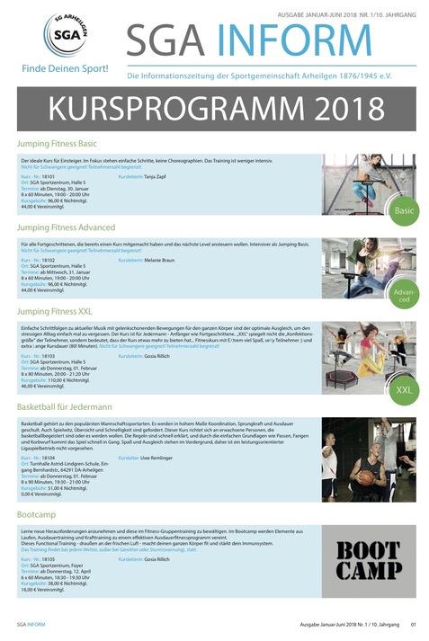 Kursprogramm 2018 mit Angeboten für Jumping Fitness, Basketball und Bootcamp, inklusive Kursleitern und Zeiten auf weißem Hintergrund.
