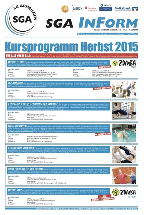 Kursprogramm für Herbst 2015 mit Angeboten wie Zumba, Skigymnastik und Aqua-Gymnastik auf einer Informationsseite.
