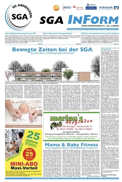Zeitungsausgabe der SG Arheilgen mit Ankündigungen, Artikeln zur Bewegung und einem Bild des neuen Vereinsgebäudes.