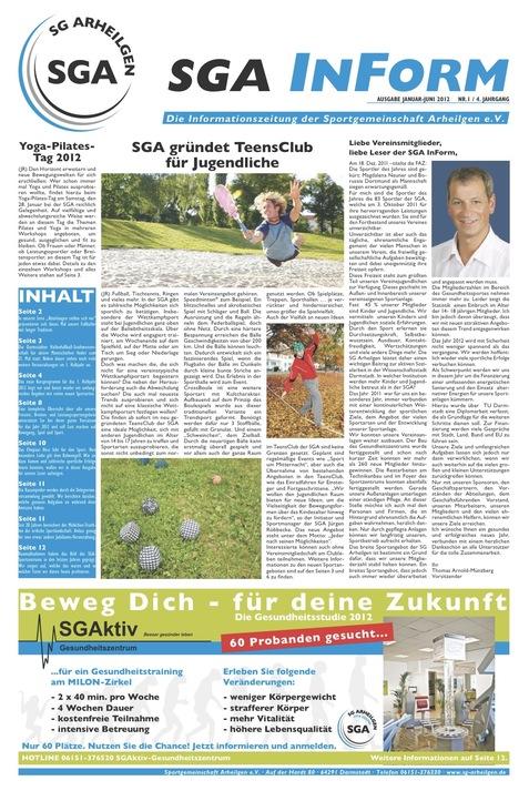 Titel der Vereinszeitschrift "SGA InForm" mit Informationen zur Gründung eines TeensClubs und verschiedenen Sportangeboten.