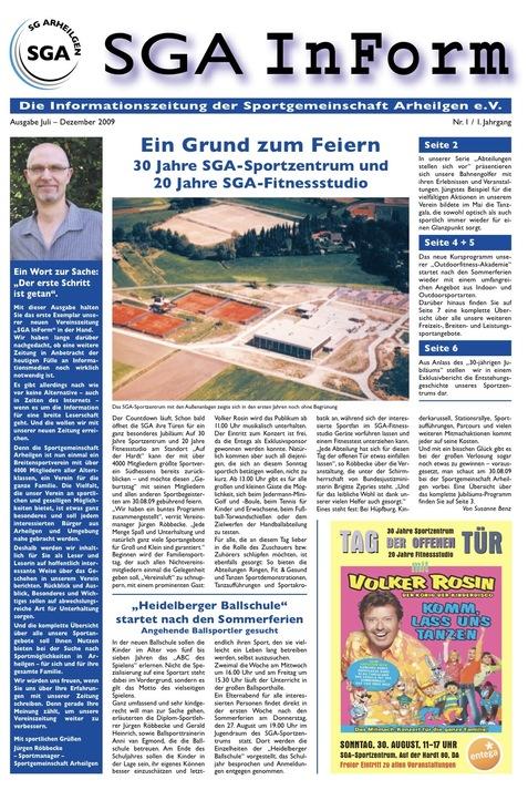 Titel der Informationszeitung "SGA InForm" mit Bildern des SGA-Sportzentrums und Artikel über Jubiläen der Sportgemeinschaft.