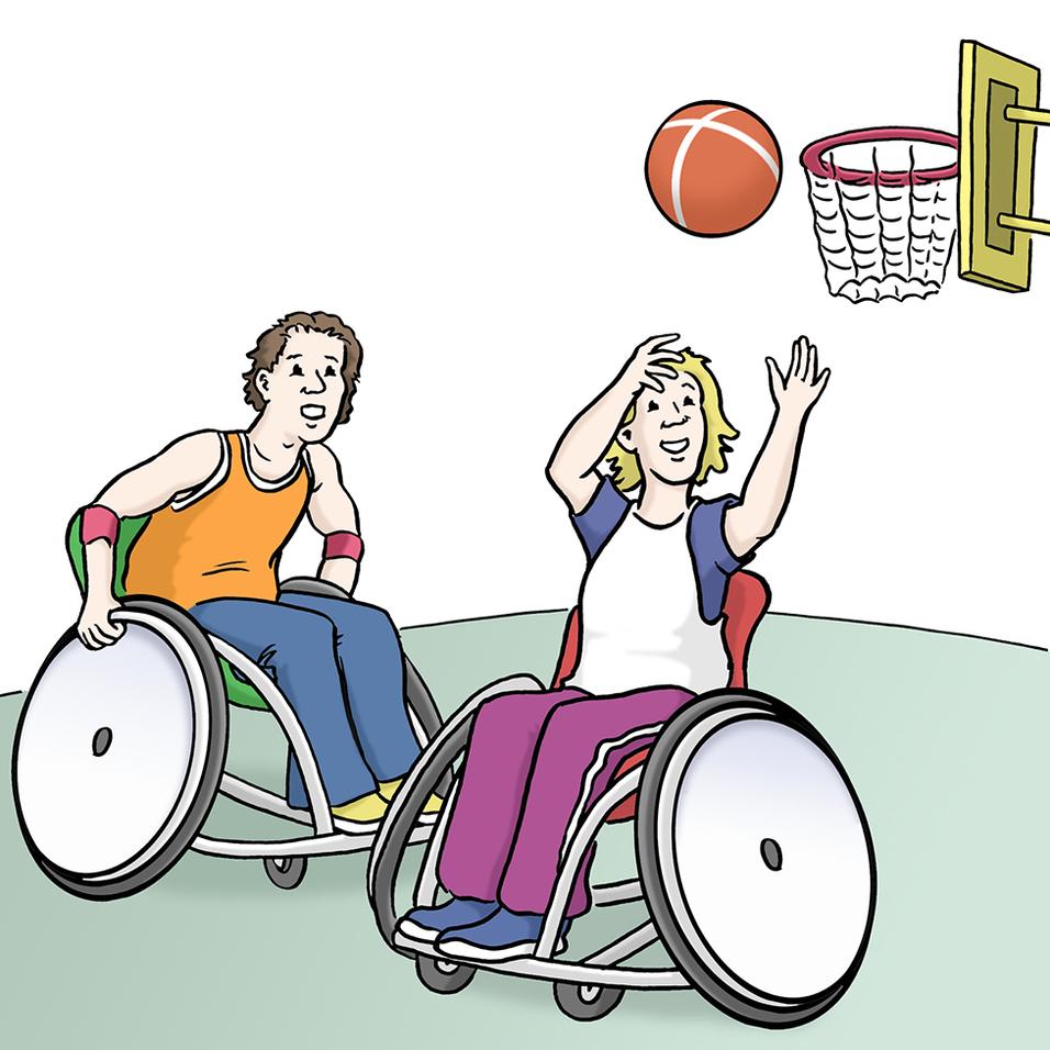 Zwei Kinder im Rollstuhl spielen Basketball, w&auml;hrend ein Ball Richtung Korb fliegt.