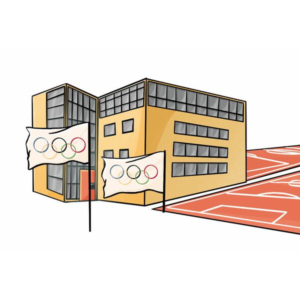 Olympisches Gebäude mit großen Fenstern und zwei Flaggen, neben einem Sportplatz mit roten Linien.