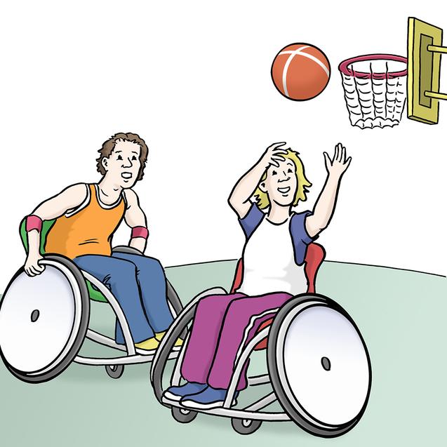 Zwei Kinder im Rollstuhl spielen Basketball, w&auml;hrend ein Ball Richtung Korb fliegt.