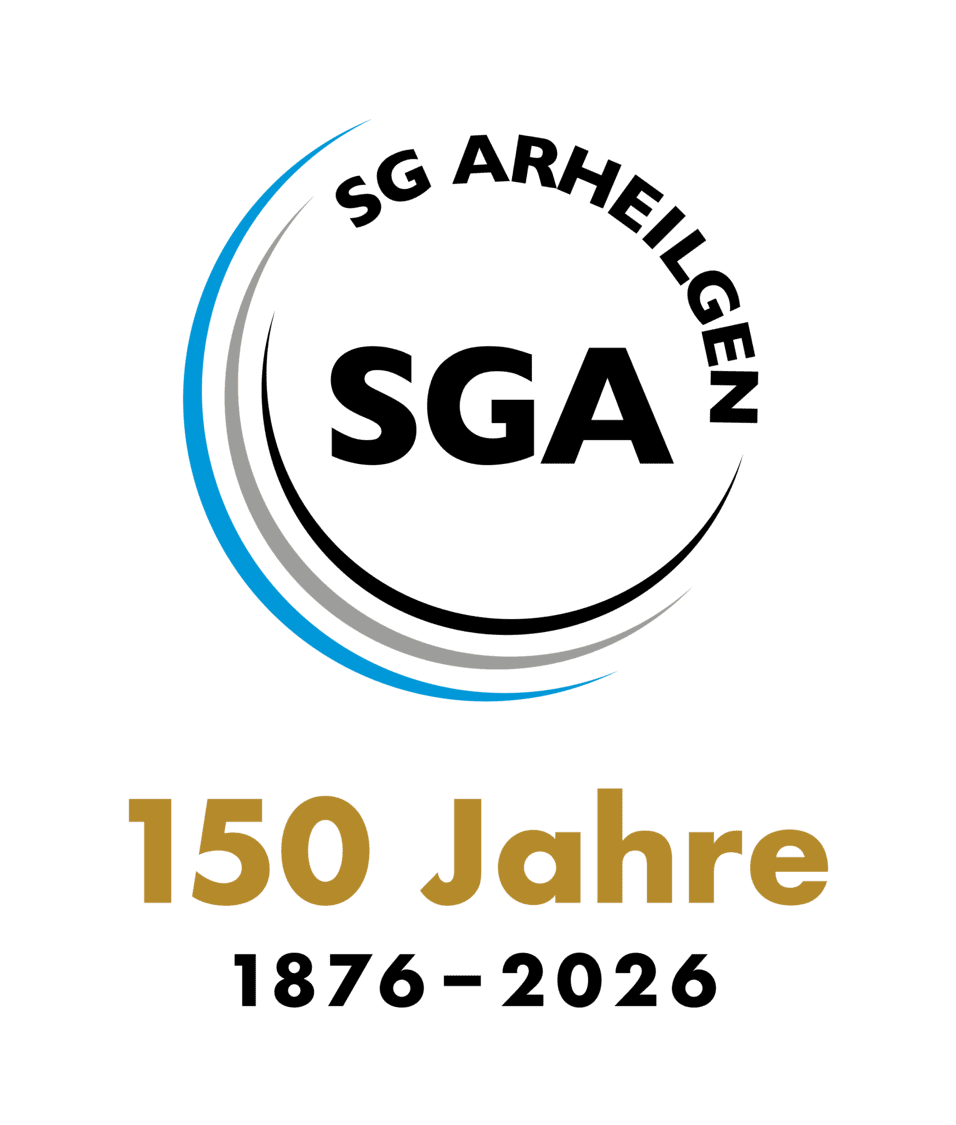 Logo mit einem geschwungenen Symbol und der Aufschrift &bdquo;150 Jahre&ldquo; in goldener Schrift.