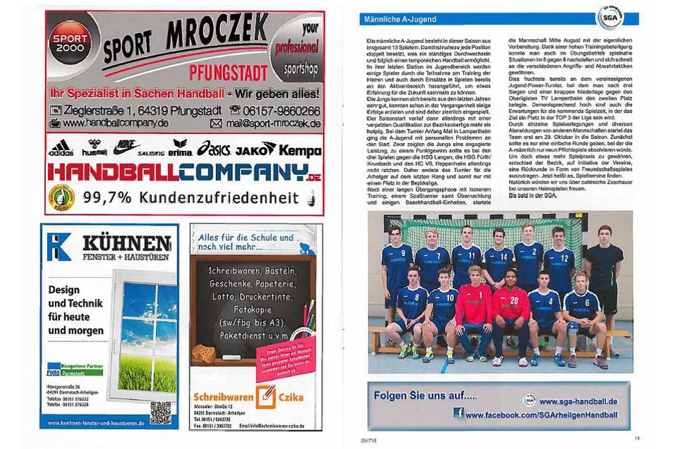 Werbung f&uuml;r einen Handball-Sportshop und Informationen zur m&auml;nnlichen A-Jugend mit Teamfoto.