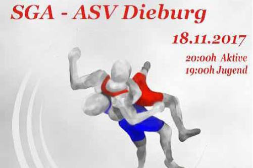 Plakat f&uuml;r Wettkampf: zwei Ringer in Aktion, Datum und Veranstaltungsdetails am unteren Rand.