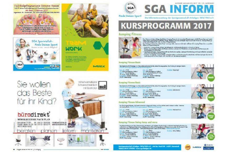 Broschüre für Sportkurse mit Informationen zu Jumping Fitness und Möbelangeboten für Kinder.