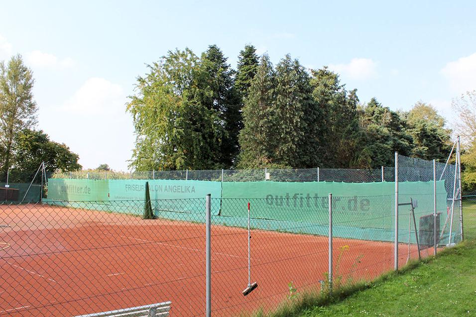 Tennisplatz mit rotem Belag, umgeben von einem Zaun und B&auml;umen, Sicht auf Werbebanner an der Seitenlinie.