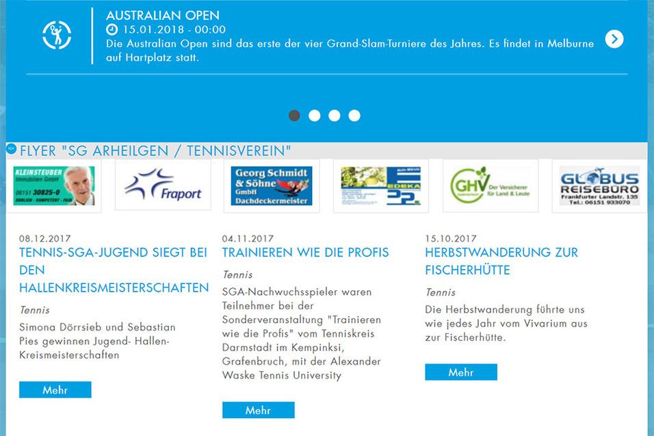 Website mit Ank&uuml;ndigungen und Informationen zu Tennisveranstaltungen und -aktivit&auml;ten der SG Arheiligen.