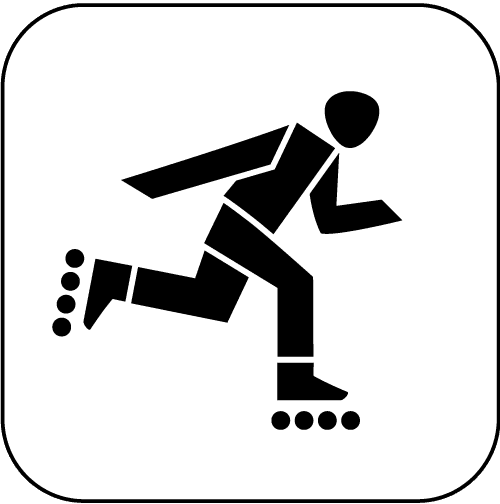 Symbol eines Rollerskater, der sich schnell vorwärts bewegt, auf weißem Hintergrund.